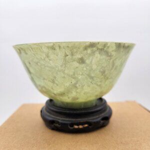Vintage Light Green Jade Bowl with Wood Stand 4" Translucent Chinese Style
